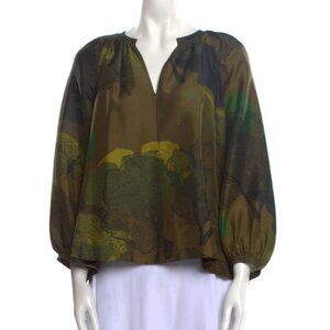 Soeur Paris Silk Odessa Forest Top Blouse size 36 Small Puff Sleeves Art To Wear